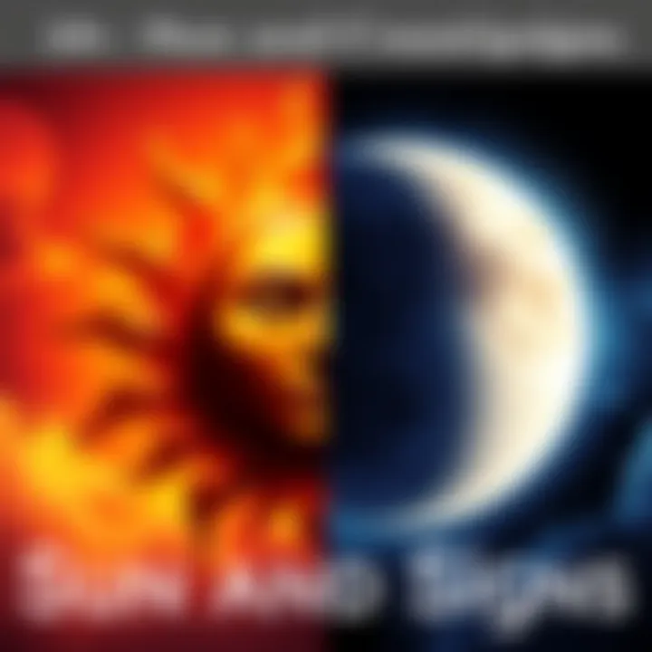 Illustration of contrasting Sun and Moon signs with the sun symbol in bold colors and the moon symbol in soft hues, representing different personalities.