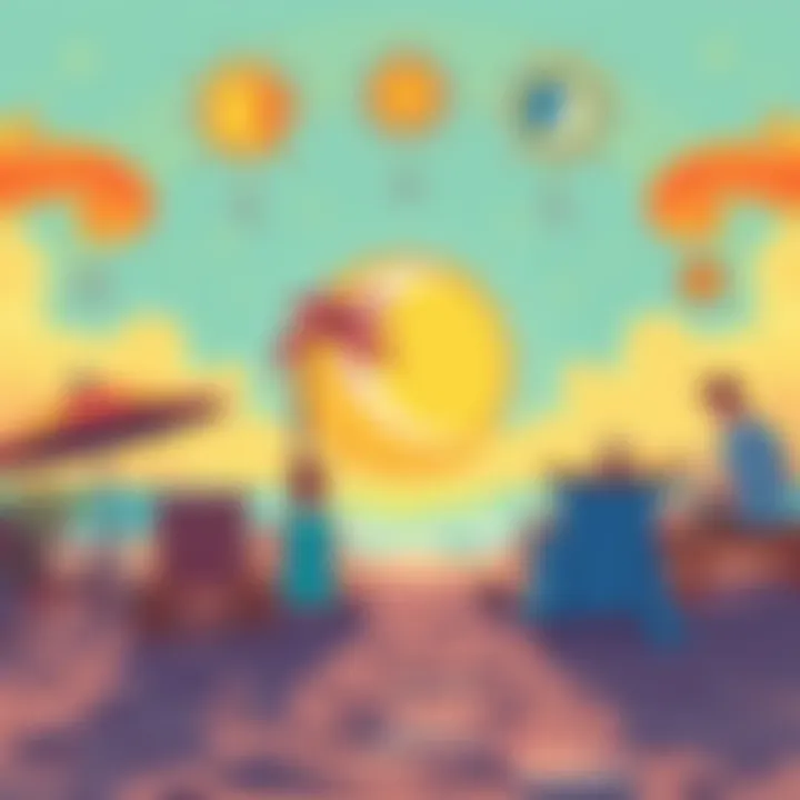 A colorful illustration showing sun and moon signs with related symbols, depicting leisure activities for a relaxing Sunday.