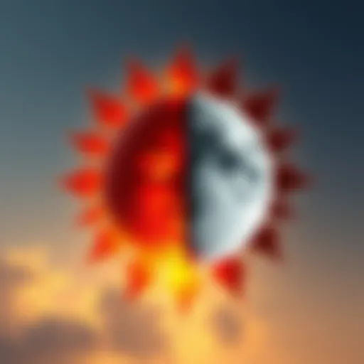 A split image showing a bright sun symbol on one side and a calm moon symbol on the other, representing contrasting astrological influences.