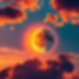 A vibrant sun and a serene moon set against a colorful sky, representing balance and duality in nature.
