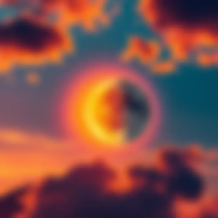 A vibrant sun and a serene moon set against a colorful sky, representing balance and duality in nature.