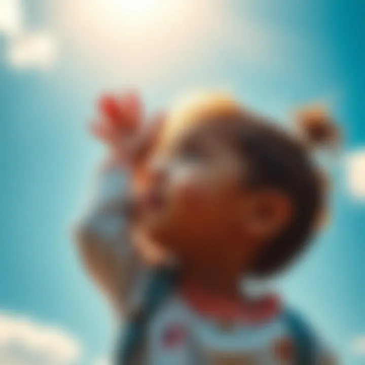 A toddler touching their parent's head, pointing at the sky with sunlight reflecting, capturing a moment of wonder and curiosity.