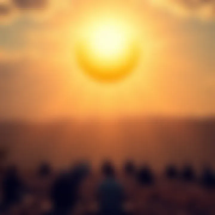 A bright sun shining down over a serene landscape with people meditating under its rays, symbolizing the sun as a source of spiritual connection.