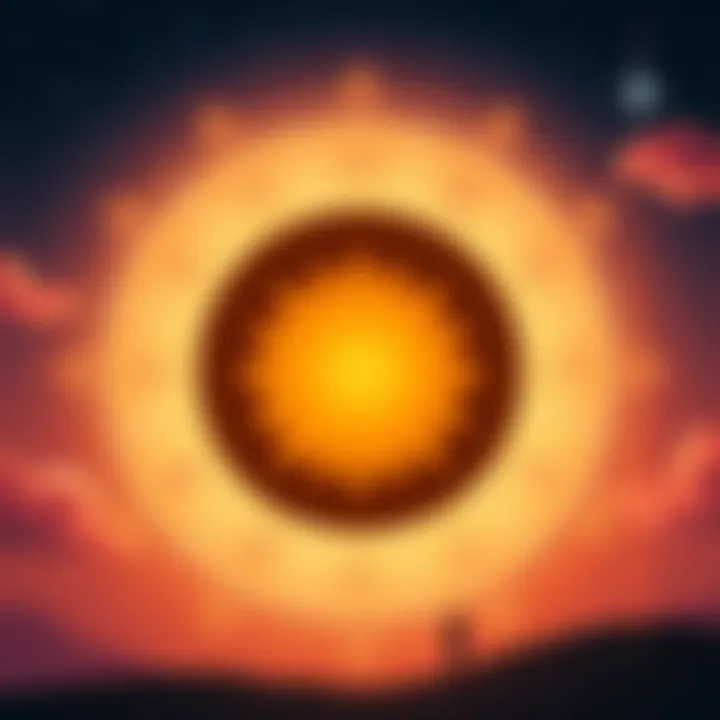 An illustration showing the sun symbol and a natal chart with squares highlighted, symbolizing astrological influence.