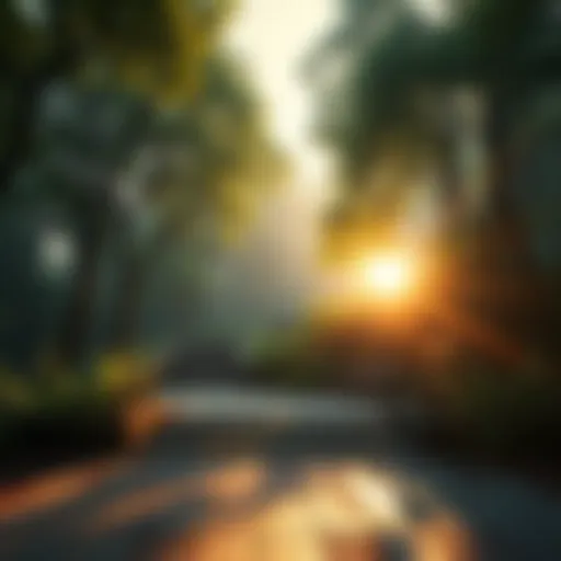 A serene sacred space with sunlight filtering through trees, creating a peaceful atmosphere.