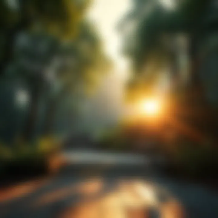 A serene sacred space with sunlight filtering through trees, creating a peaceful atmosphere.