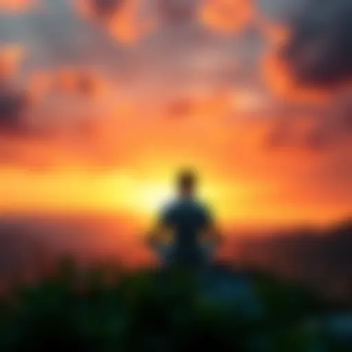 A person meditating at sunrise, surrounded by nature, representing awareness and enlightenment.