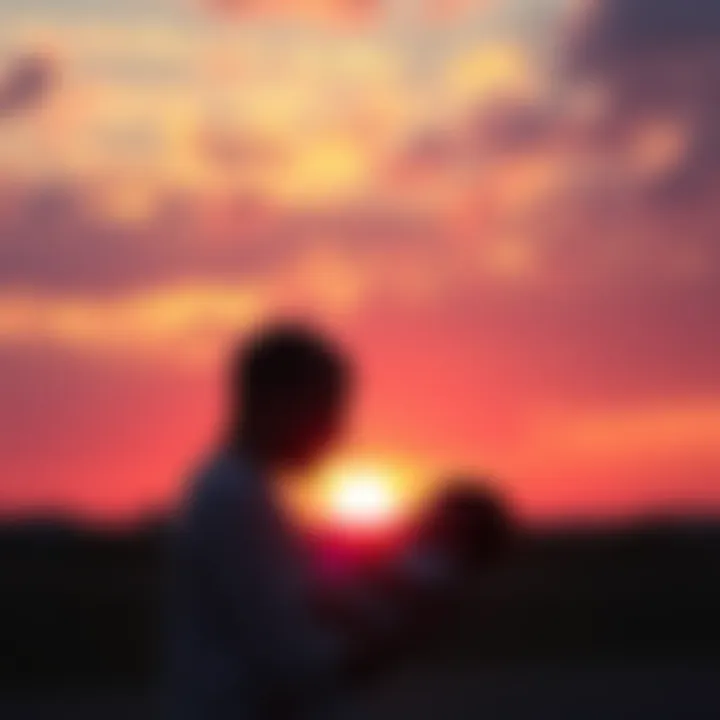 Person being born as the sun sets on the horizon, casting warm orange and pink hues in the sky