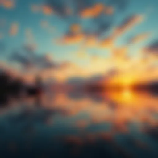 A beautiful sunset reflecting on a calm lake, creating a serene atmosphere without any distractions.