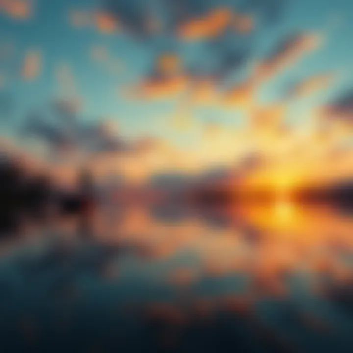 A beautiful sunset reflecting on a calm lake, creating a serene atmosphere without any distractions.