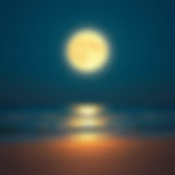 A bright super moon shines over a calm beach, illuminating the night sky.