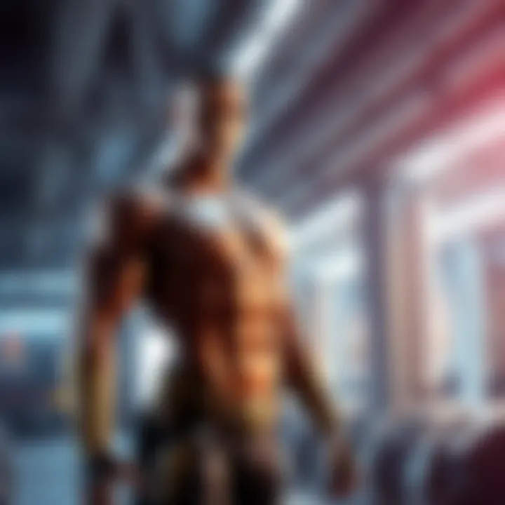 Rayon Osho stands in a futuristic training facility, showcasing his strong physique and unique features from alien DNA, ready for battle.