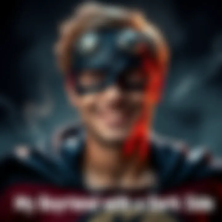 Superhero with a Dark Side A charismatic man in a superhero costume showing a charming smile, while shadows loom behind him hinting at hidden dangers. His expression changes to a more serious tone, representing his dark side.