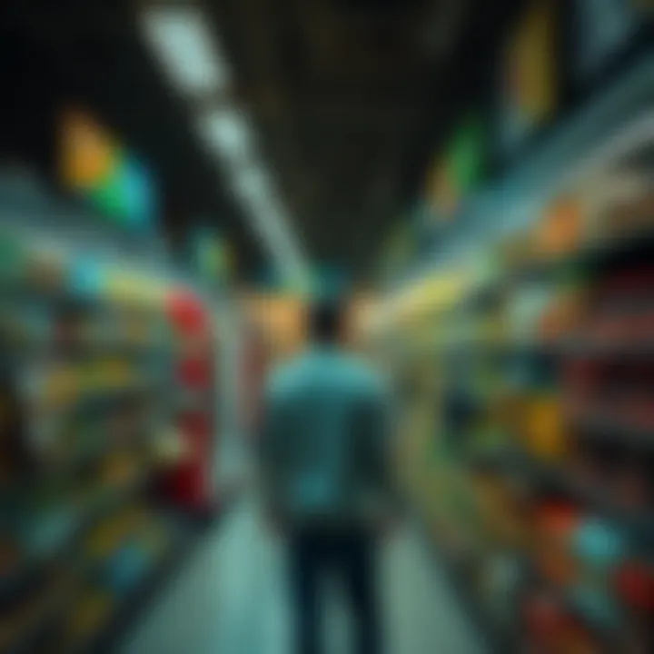 A person stands in a supermarket aisle, looking contemplative as items on the shelves surround them, hinting at unexpected connections and memories.