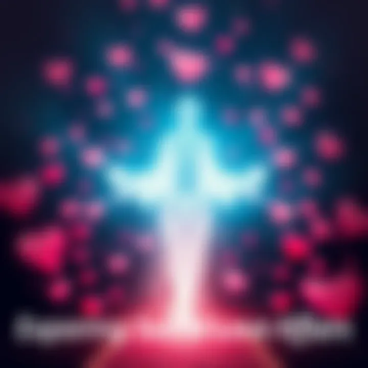 A glowing figure representing a supernatural entity surrounded by hearts and stars, symbolizing love beyond the physical realm.