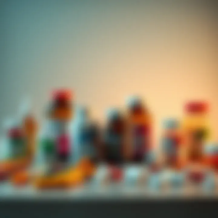 A variety of supplement bottles on a table, symbolizing options for ADHD, misophonia, and depression treatments