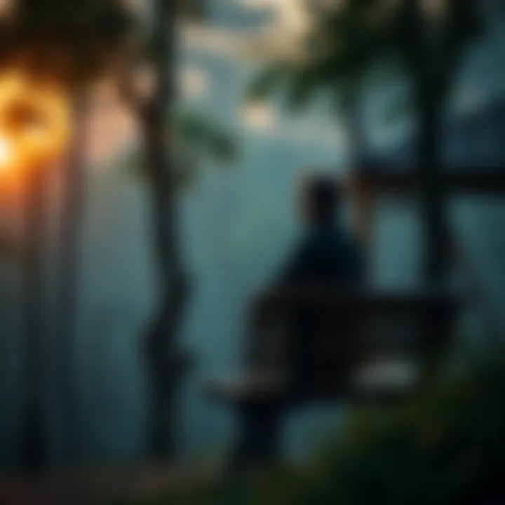 A person sitting on a bench looking contemplative, surrounded by trees, representing feelings of solitude and the search for help.