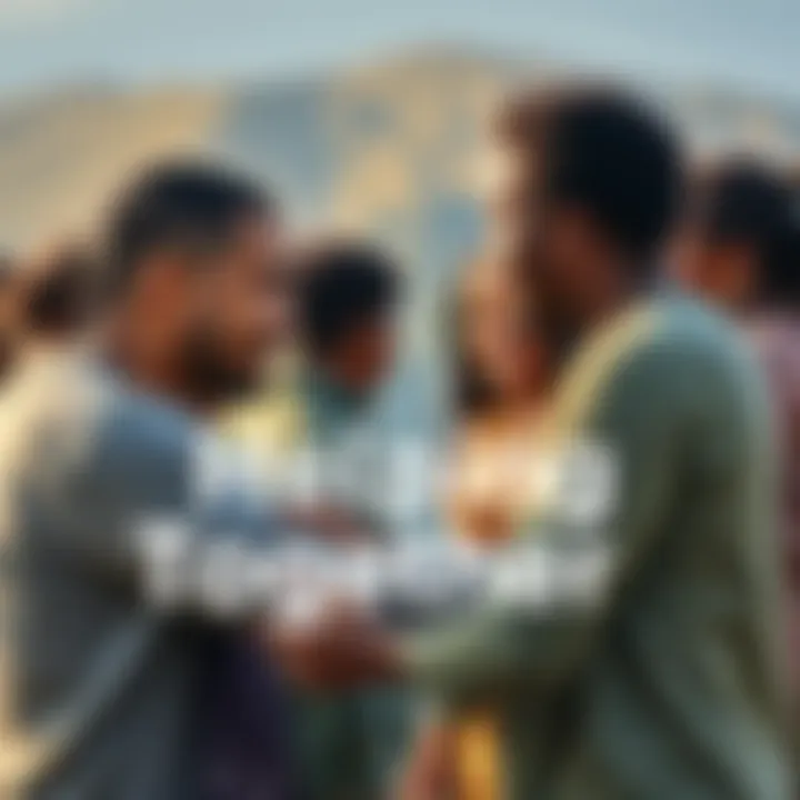 A diverse group of people supporting each other during difficult times, showing unity and compassion, with a peaceful nature background.