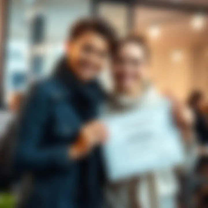 A woman smiling with a friend while holding a cosmetology test certificate, symbolizing triumph over challenges with support.
