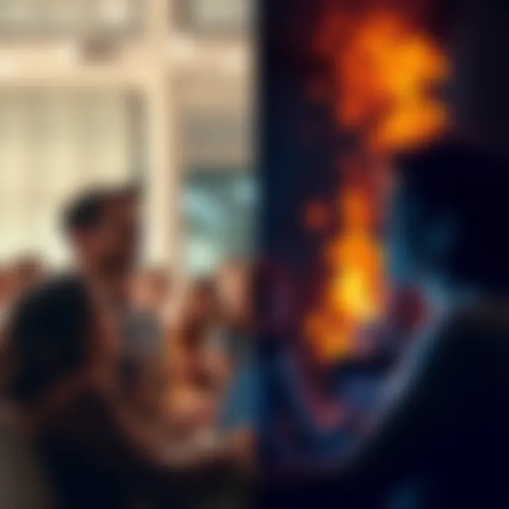 A split image showing a group of supportive people chatting happily on one side and a heated argument on the other side, representing online community dynamics.