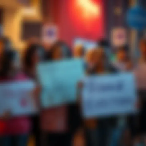Community members gather to support a friend facing eviction and job loss, holding signs of encouragement and offering assistance.
