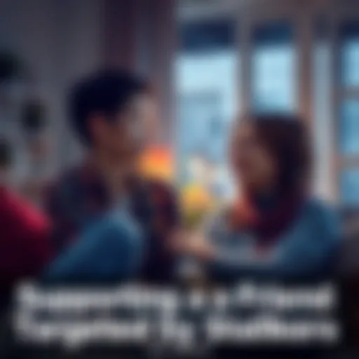 A supportive friend comforting another friend who looks distressed, in a cozy living room setting with a warm atmosphere.