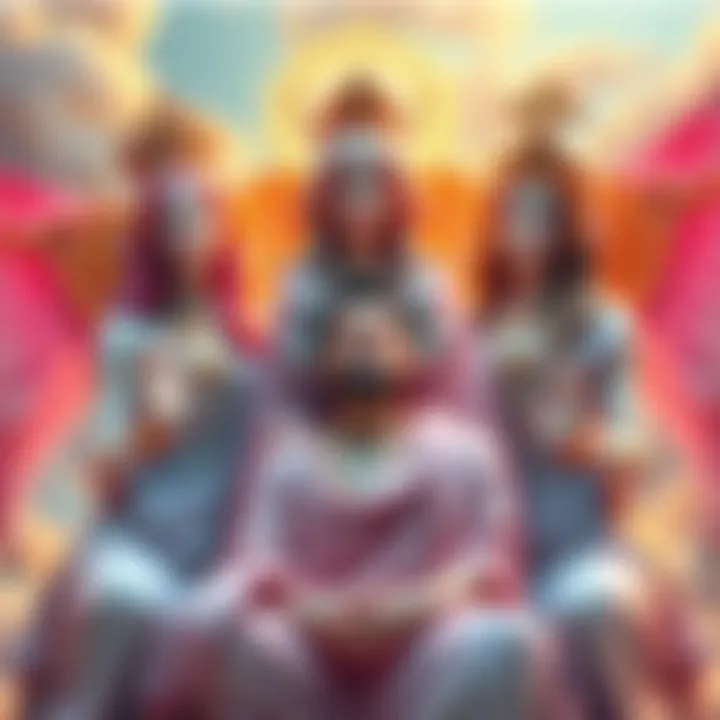 A serene image of three goddesses representing femininity, offering comfort and guidance to a man contemplating his gender identity.