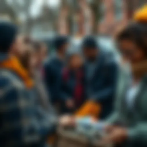 Supportive community in Vermont A group of people gathered to help individuals experiencing homelessness in Vermont, showing kindness and support.