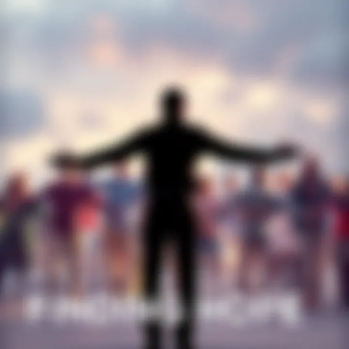 A person standing with outstretched arms, surrounded by a supportive group, symbolizing hope and community support