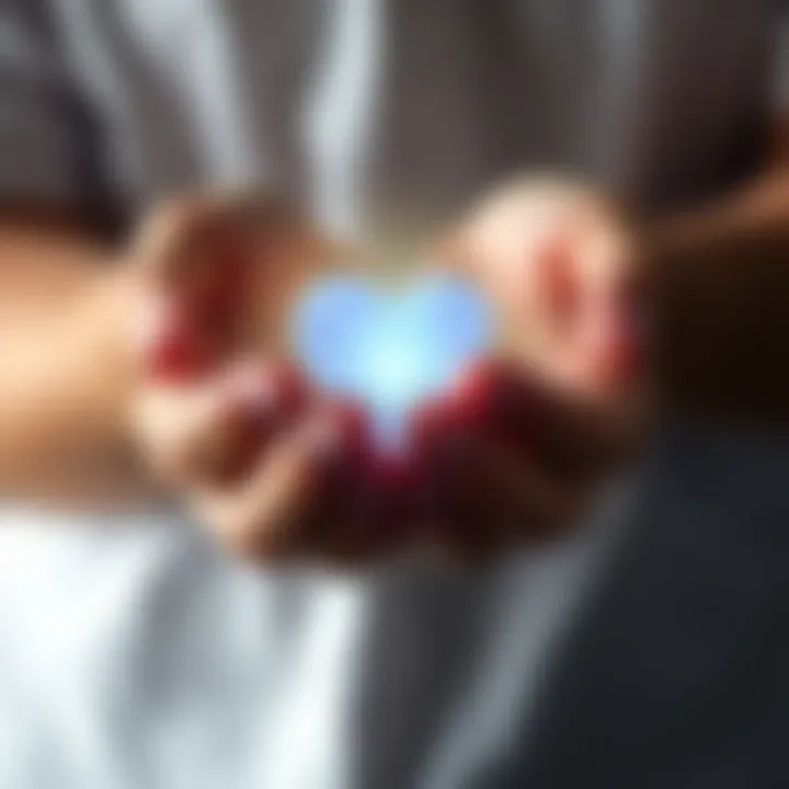 Two hands gently holding a glowing heart symbolizing support and care in spiritual life