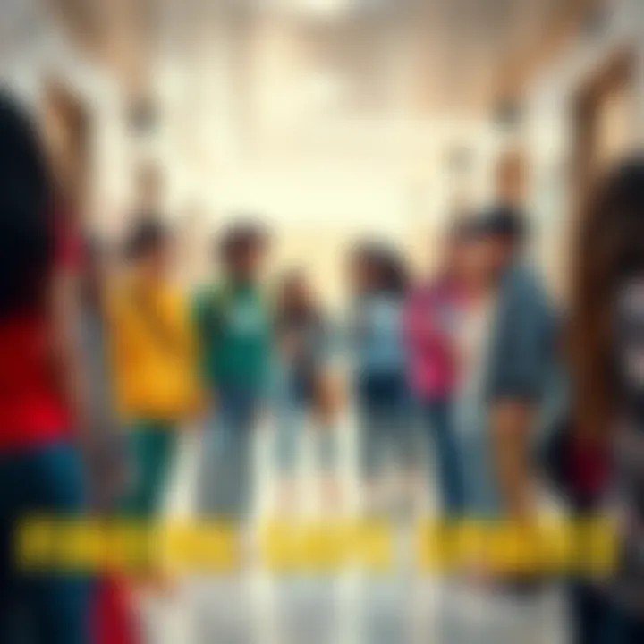 A group of diverse students chatting and smiling in a bright school hallway, promoting positivity and friendship.