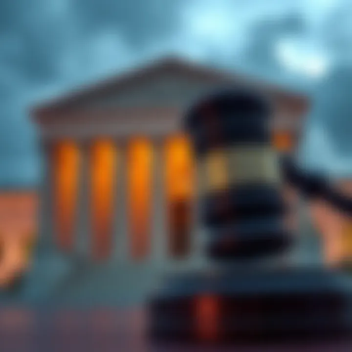 A gavel striking down with the Supreme Court in the background, symbolizing the impact of the ruling on Trump