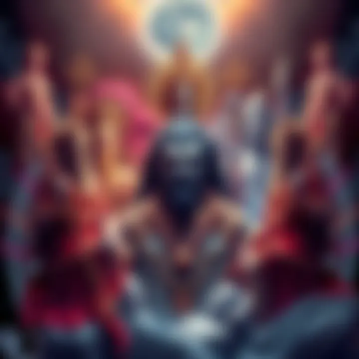 A depiction of one supreme God surrounded by several lesser deities, showcasing different forms and symbols, representing various beliefs and faiths.