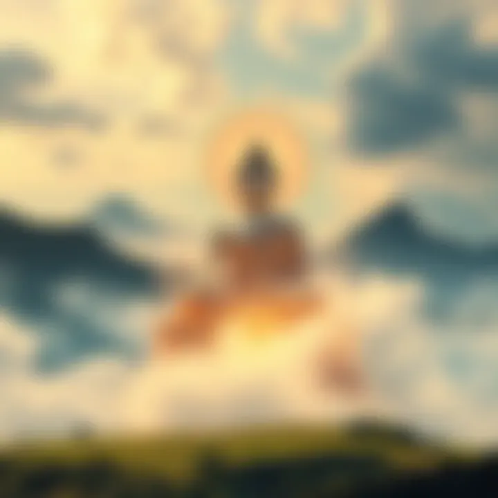 A serene depiction of enlightenment with ancient Buddhist symbols and tranquil landscapes.