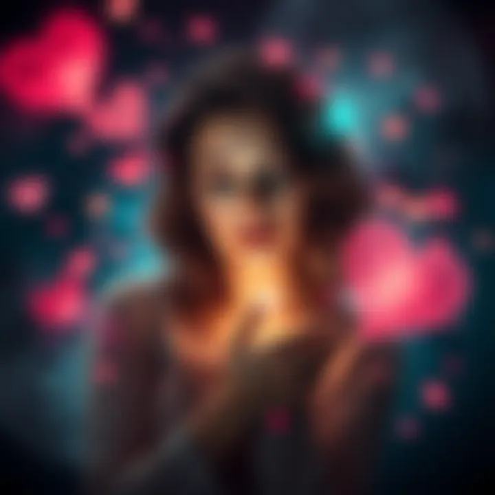 Surge of Empathy Post-Surgery A woman reflecting deeply, surrounded by abstract emotional symbols and energies, representing heightened empathy after a hysterectomy.