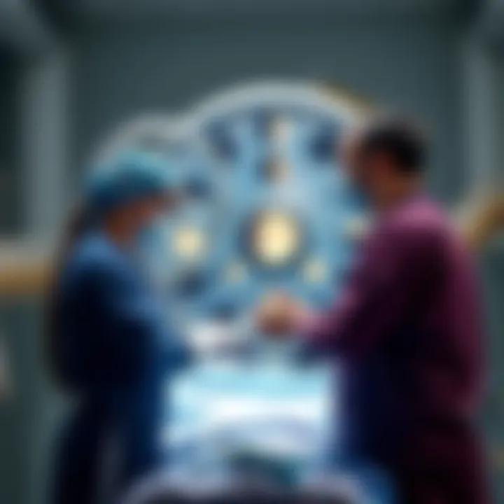 A doctor discussing a surgical procedure with a patient while referring to a moon phase calendar in the background.