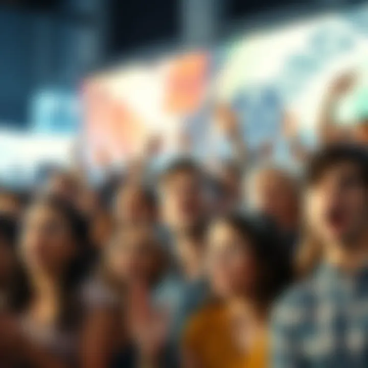 A diverse group of people looking shocked and excited at unexpected events happening around them.
