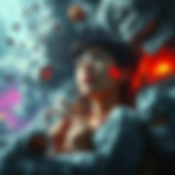 A person looks startled in a surreal nightmare landscape, surrounded by unexpected elements representing confusion and fear of the future.