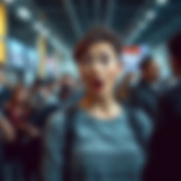A woman stands with wide eyes and an open mouth in disbelief, surrounded by onlookers reacting to an unusual event.