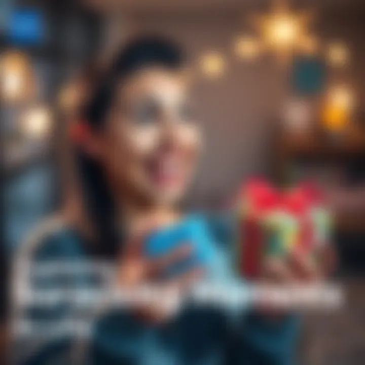 A person smiling in surprise while holding a gift, with a bright background suggesting joy and enthusiasm