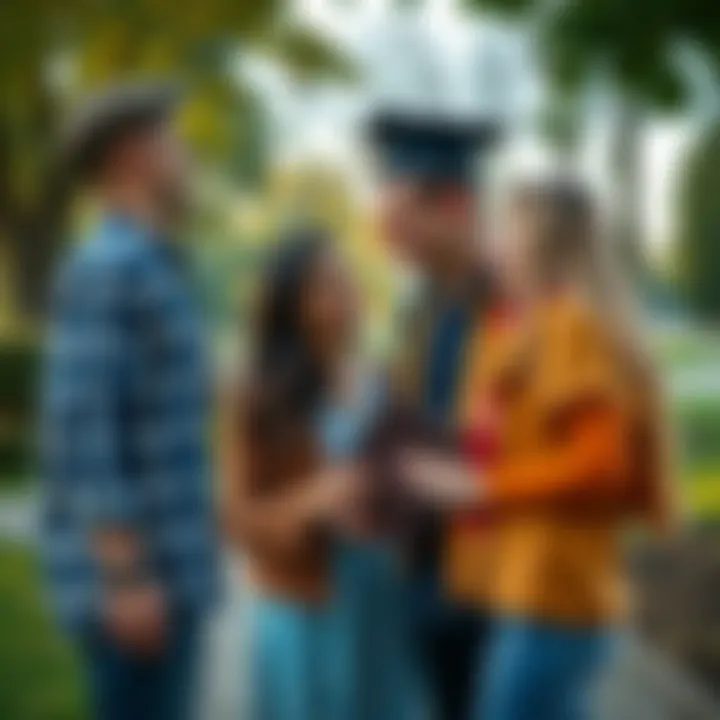A woman and her boyfriend meeting a man named Corey at a park, all smiling while holding a graduation book, symbolizing unexpected connections.