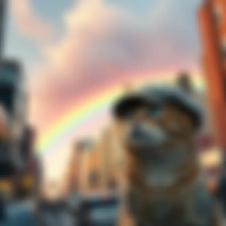 A collection of unexpected occurrences, like a rainbow appearing in a city and a cat wearing a hat, showcasing the variety of unusual events in daily life.