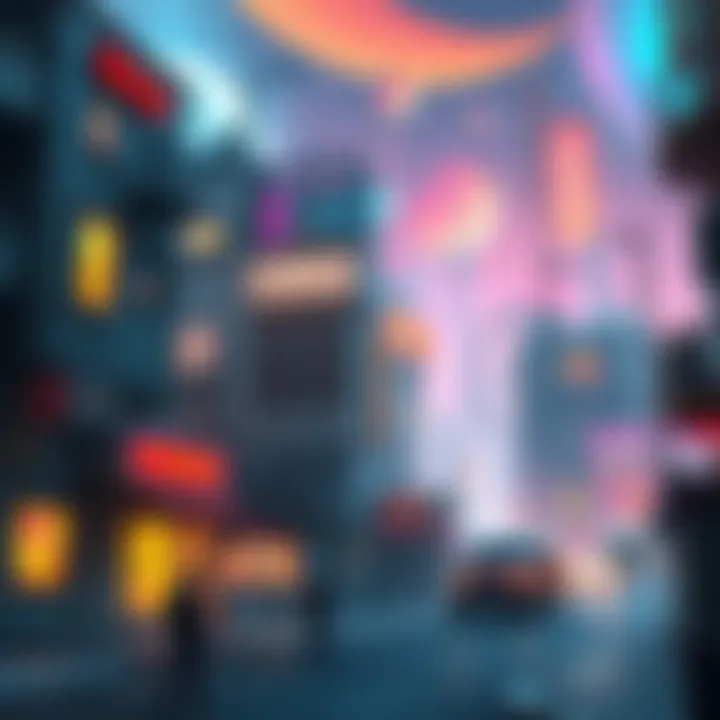 Surreal Cityscape with New Neighbors A vivid city scene with strange buildings, mysterious agents, and new neighbors interacting. The atmosphere feels dreamlike and surreal.