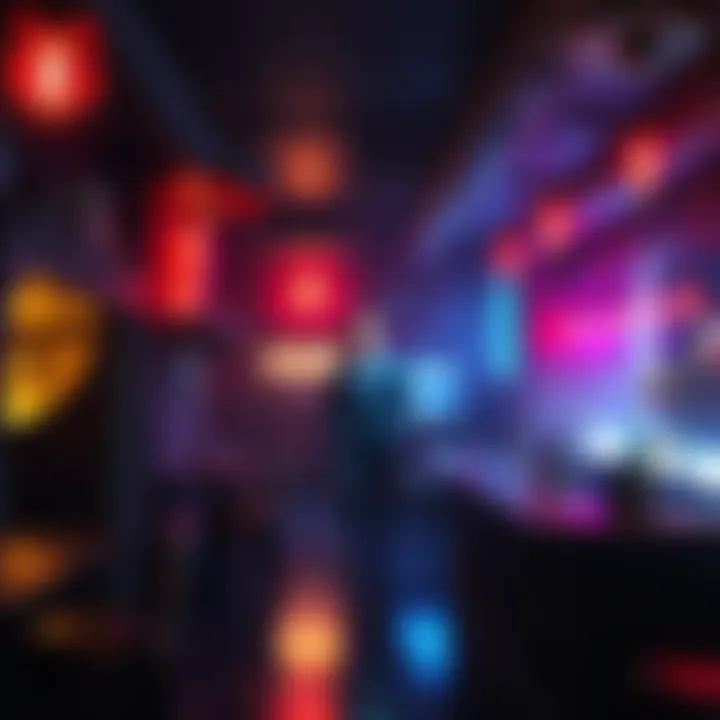A dream-like bar interior with unusual rooms and a tall man in the background