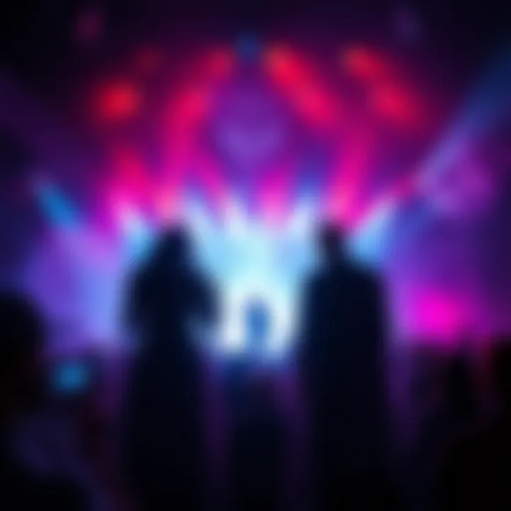 A dreamlike concert with ghostly figures, bright lights, and a shadowy figure in the background, evoking a feeling of nostalgia and unease.