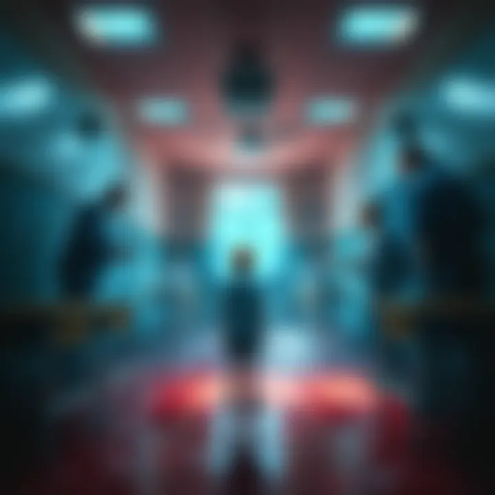A dreamer stands in a strange classroom where adults enforce strict rules, evoking a feeling of entrapment and dread.