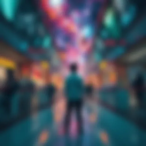 A person stands confused in a distorted mall filled with cosmic lights and strange shapes, surrounded by chaotic images.