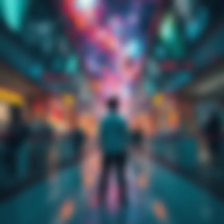 A person stands confused in a distorted mall filled with cosmic lights and strange shapes, surrounded by chaotic images.