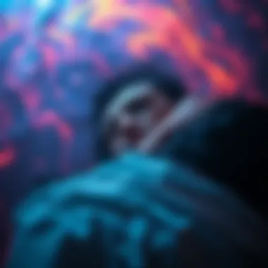A person lying in bed, eyes halfway open, surrounded by swirling colors and faint whispering shapes, representing the transition between sleep and consciousness.