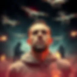 A man overwhelmed by acid, surrounded by drones buzzing in the night sky, with flashes of gunfire in the background and strange figures lurking.